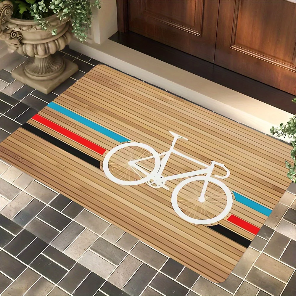 Nordic Bicycle Print Area Rug Non-Slip Stylish Floor Mat Modern Wood Grain Carpet for Living Room Bedroom Decor