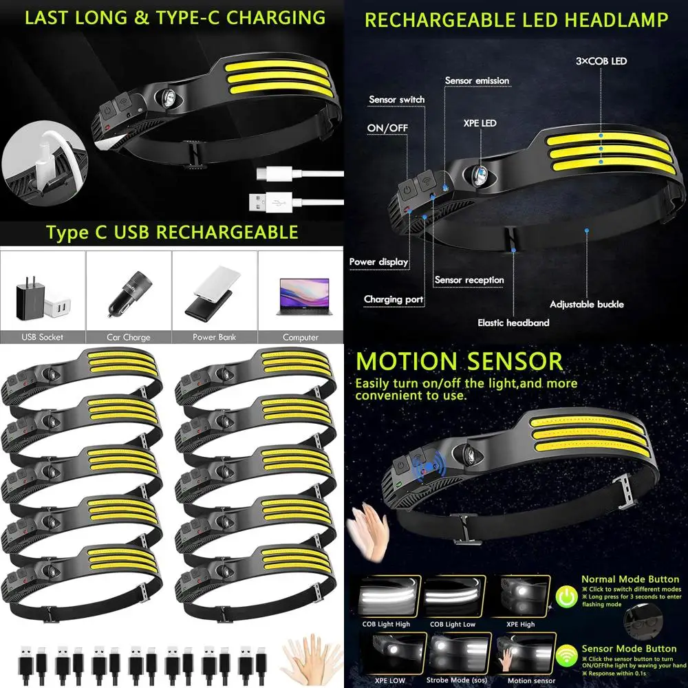 Linterna Frontal LED Recargable con 3 Tiras, 230 °   Linterna, 6 Modos, Ideal para Trabajar, Senderismo, Camping