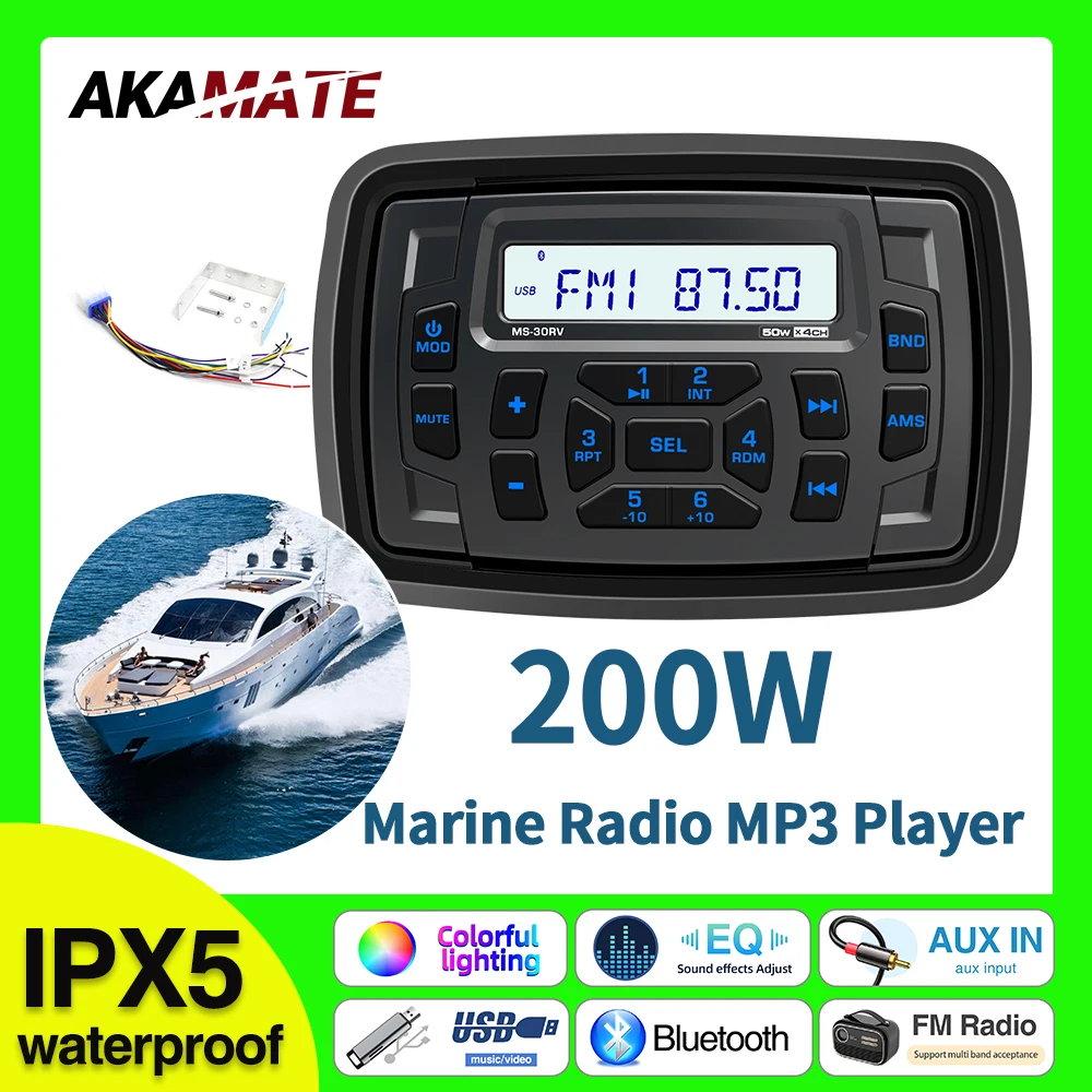 AKAMATE Boat Radio MP3 Media Player Marine Stereo Waterproof IPX5 Bluetooth USB AUX EQ FM AM Receiver for UTV ATV SPA RZR