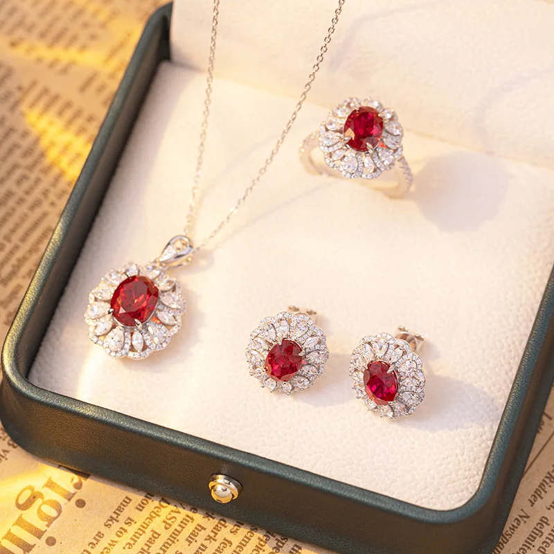 2CT Pigeon Blood Red Ruby Jewelry Set Lab Grown Oval Ring Pendant Earrings Elegant Women Gift for Mom Anniversary