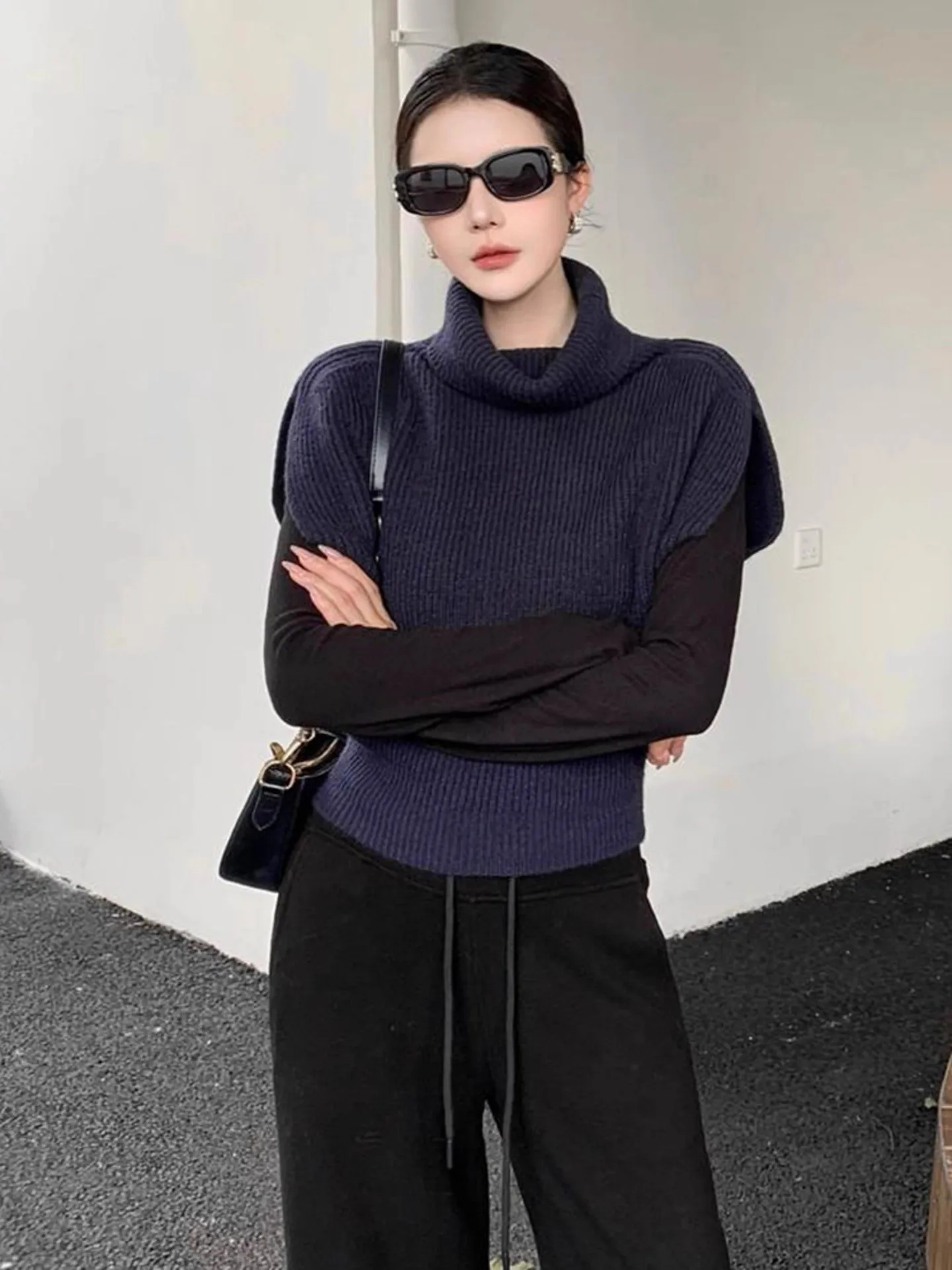 레트로 퍼플 하이 칼라 니트 조끼 여성용 봄 가을 레이어링 스웨터 아우터웨어 어깨 패드 탑 편안한 핏 니트웨어