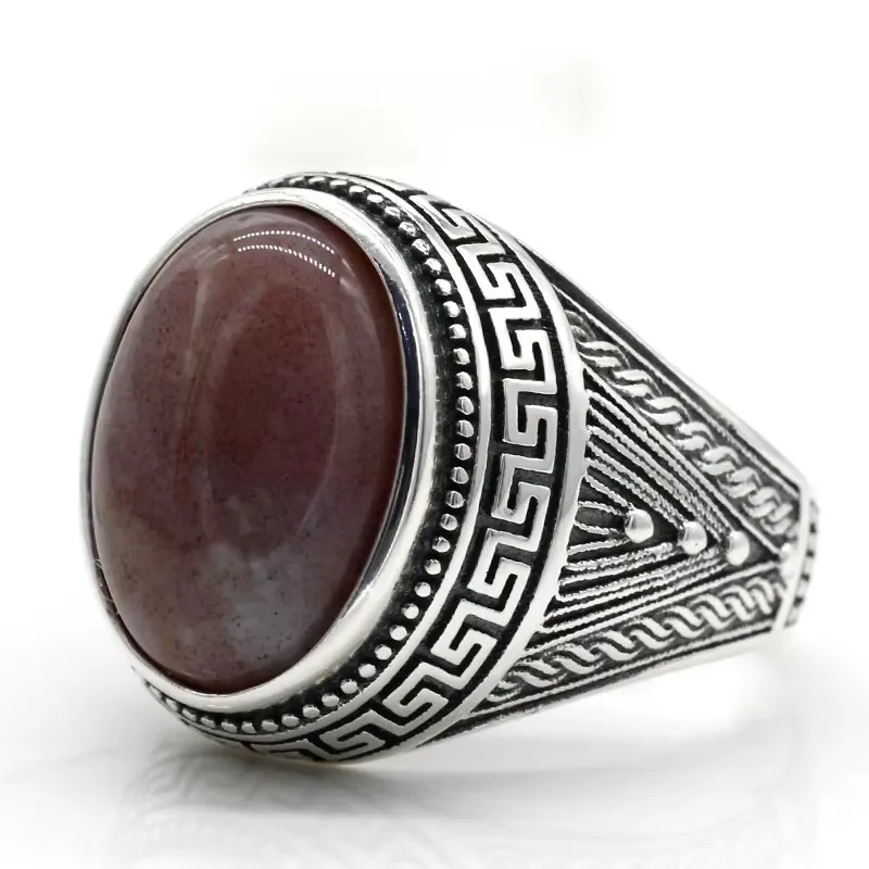 Türkiye S925 فضة الرجال خاتم العقيق الهندي الطبيعي حجر خمر مجوهرات بسيطة المرأة خاتم فاخر هدية للذكرى السنوية