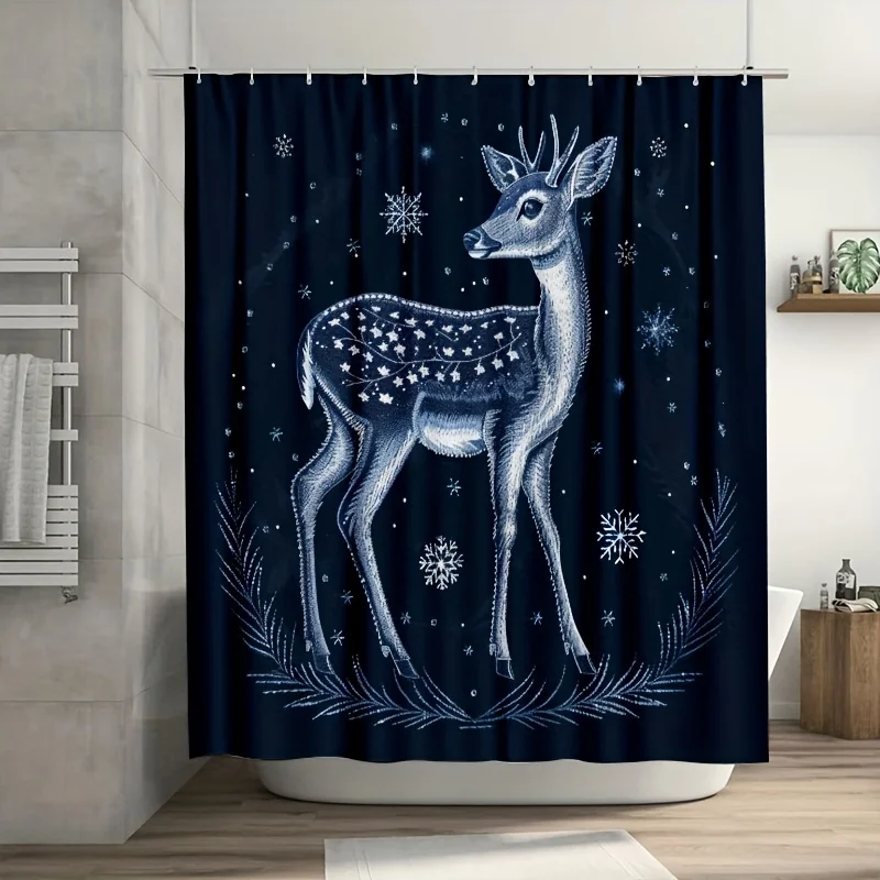 

Dark Blue Celestial Deer Shower Curtain Waterproof Woodland Stars Snow Forest Bathroom Decor 70.8 Inch