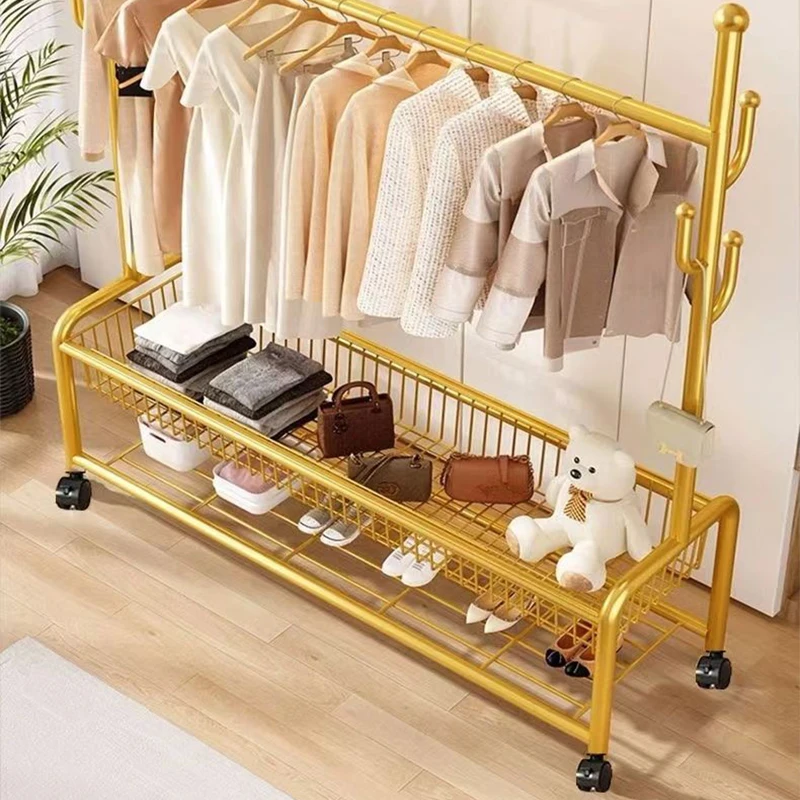 Living Room Clothes Rack Simple Coat Rack Home Bedroom Floor Mounted Hanger Room Movable Carbon Steel Coat Rack Storage Basket