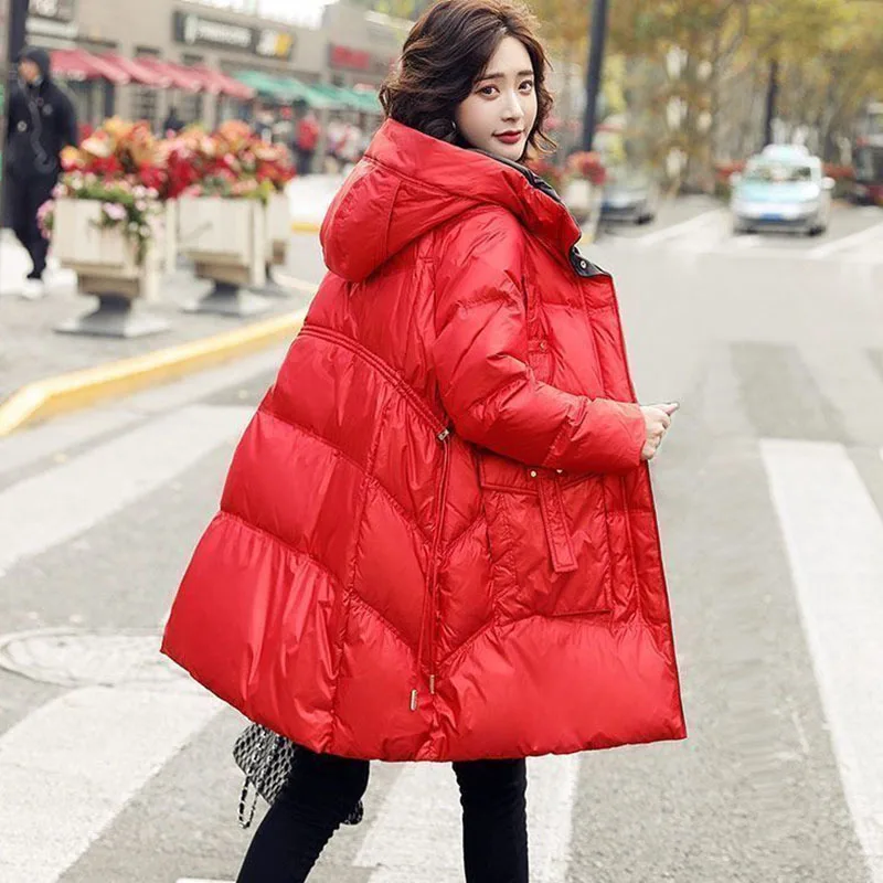 New Women Korean Down Jacket Fashion Snow Winter Warm White Duck Down Jacket Female Casual Irregular Shiny Hooded Parka Overcoat