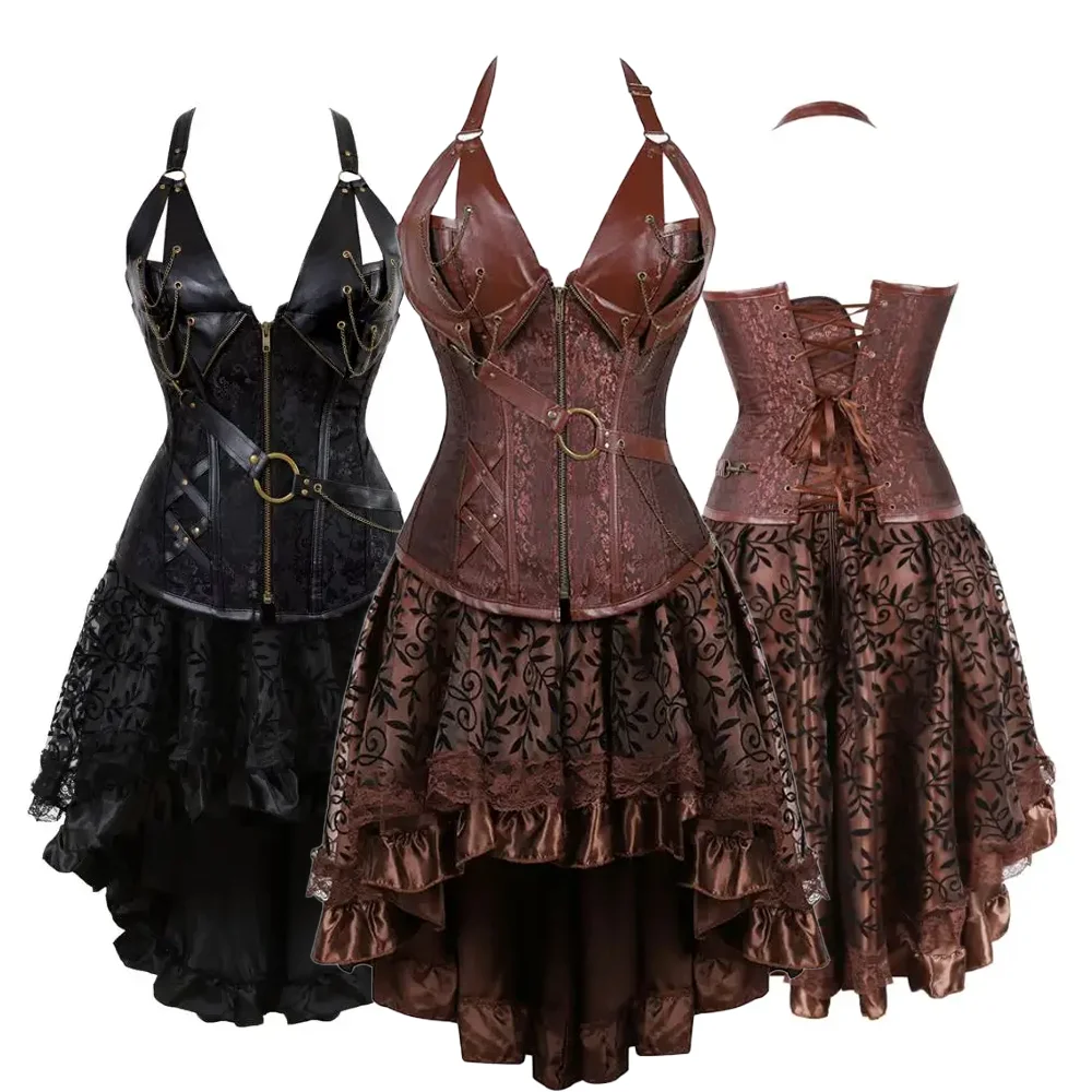 Conjunto de falda de corsé Steampunk para mujer, vestido Sexy gótico con correa de cuero, traje de fiesta Rave, disfraz de pirata de Halloween, talla grande