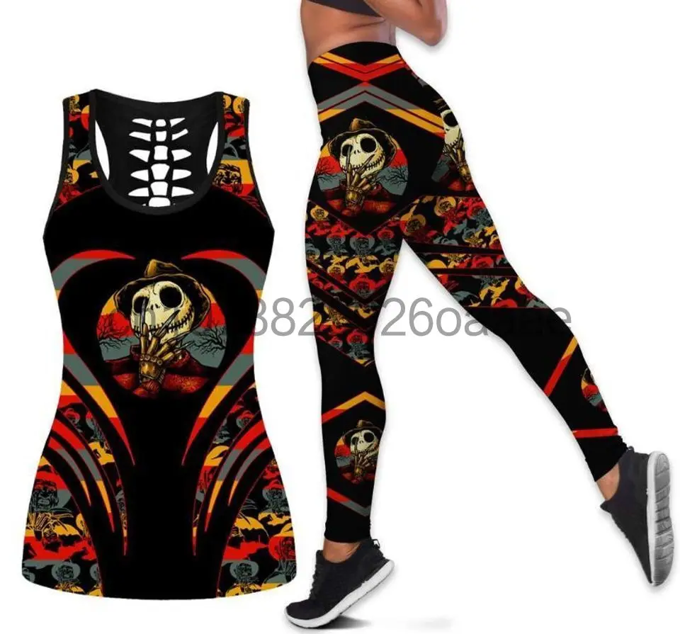 Disney The Nightmare Before Christmas Jack Skellington Sally Womens Hollow Tank Top Leggings Yoga Set Fitness Leggings Tracksuit