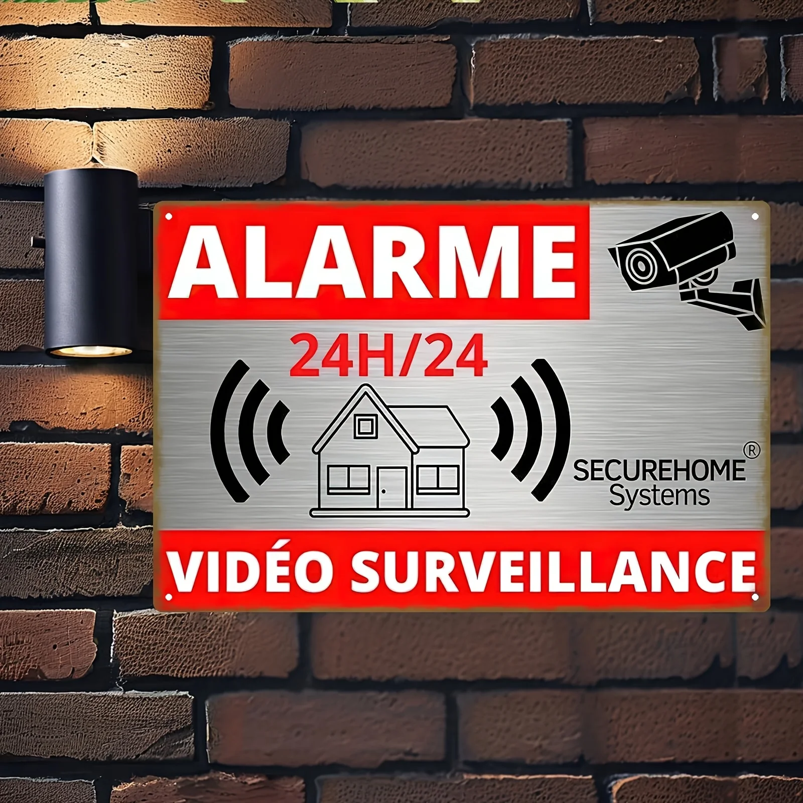 HD Metal Tin Sign French 24H Video Surveillance Alarm Wall Decor Retro Secure Home Security Sign for Home Business Garage Decor