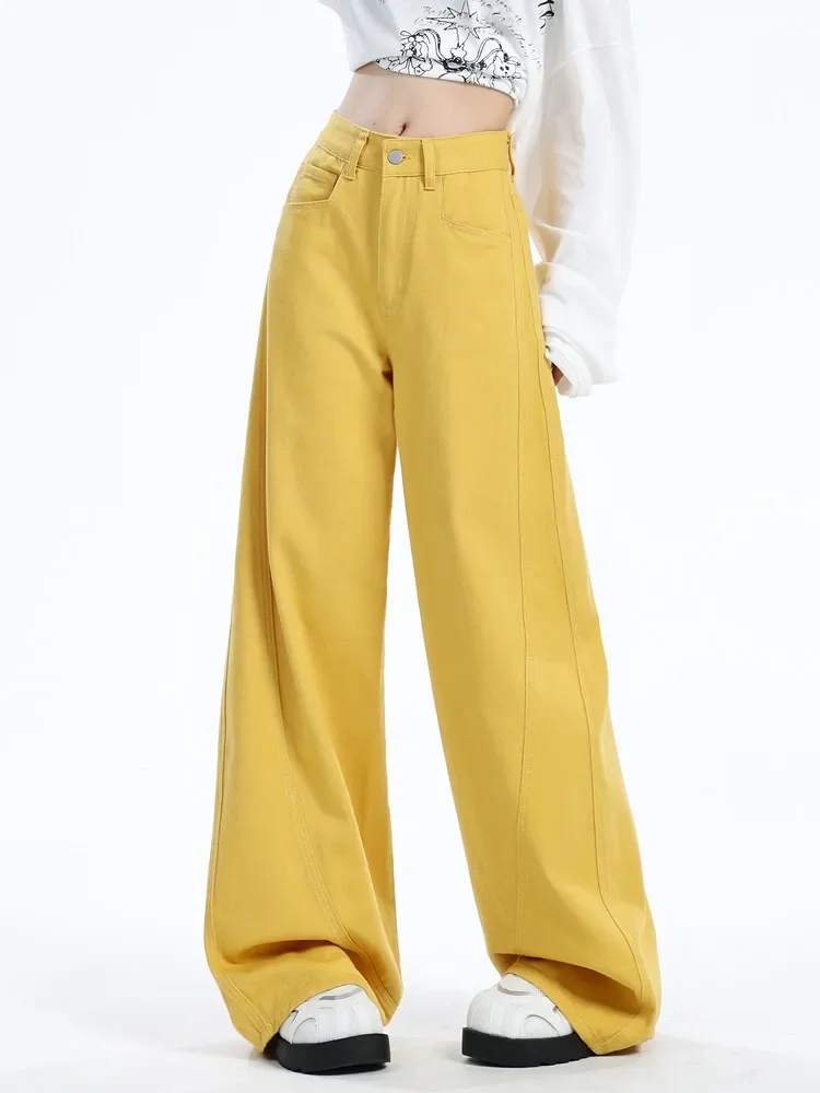 

Yellow Loose High Waisted Y2K Baggy Jeans For Women Korean Fashion Casual Boyfriend Washed Denim Wide Leg Jeans Femme