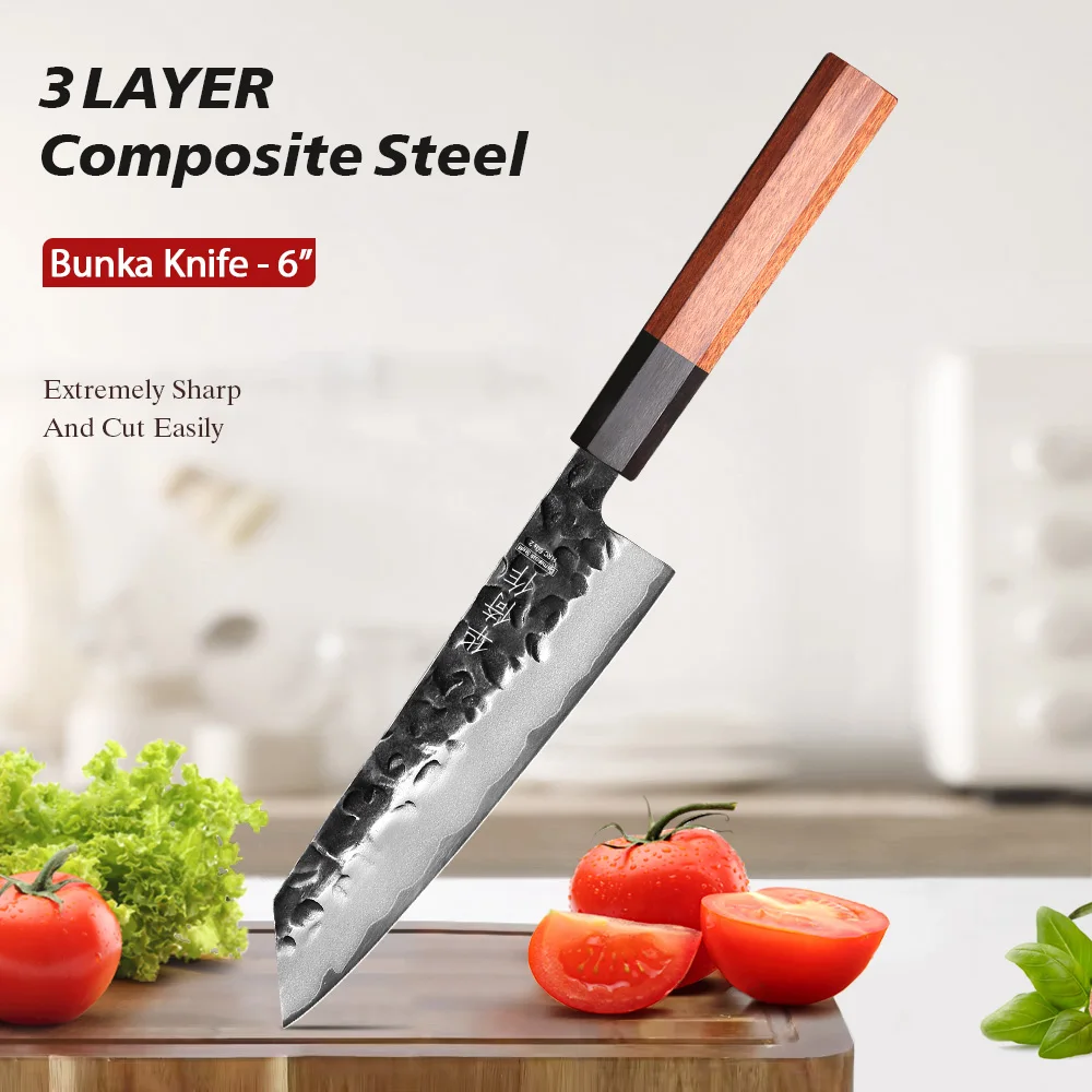 

6" Japanese Hand Forged Kiritsuke Bunka Knife 3-Layer Composite Steel Professional Chef Knife Kitchen Sharp Cleaver Cooking Tool