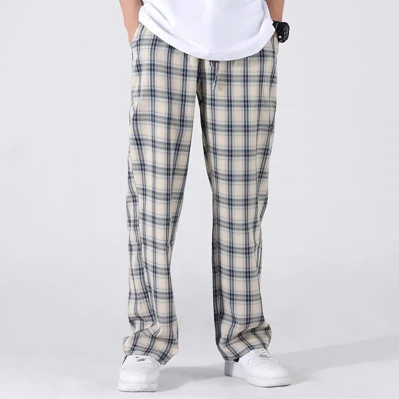 Preppy Style Plaid Wide Leg Pants Spring and Autumn Sweatpants Elastic Waist Men Trousers Fashion Hip Hop Street Men Clothing