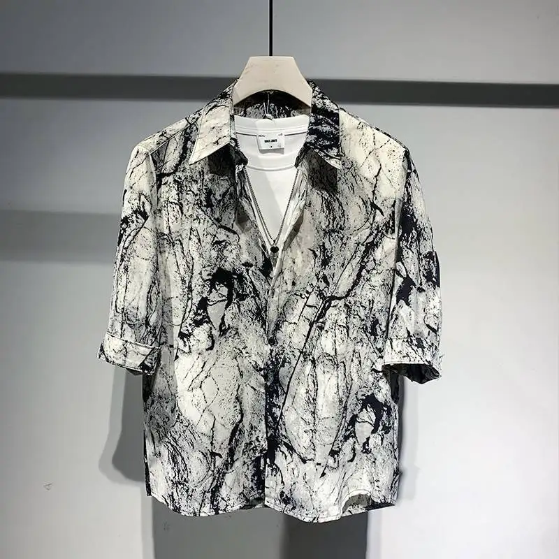 Vintage Printed Lapel Loose Korean Tie Dye Shirts Men\'s Clothing 2023 Summer New Oversized Casual Tops Half Sleeve Shirt