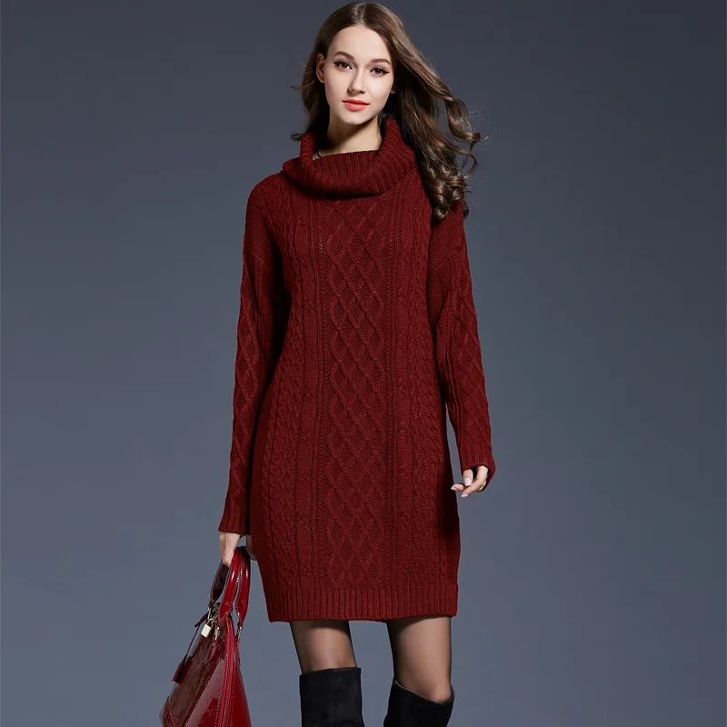 Elegant Knitted Sweater Dress High Neck Warm Solid Fried Dough Twists Long Sleeve Sweater Dress Versatile In Autumn Winter 2024