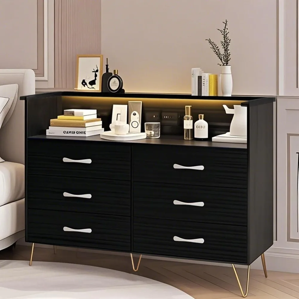 

Dresser for Bedroom with LED Lights – 6 Drawer Dressers with Charging Station, Wood Storage Chest for Entryway, Closet,