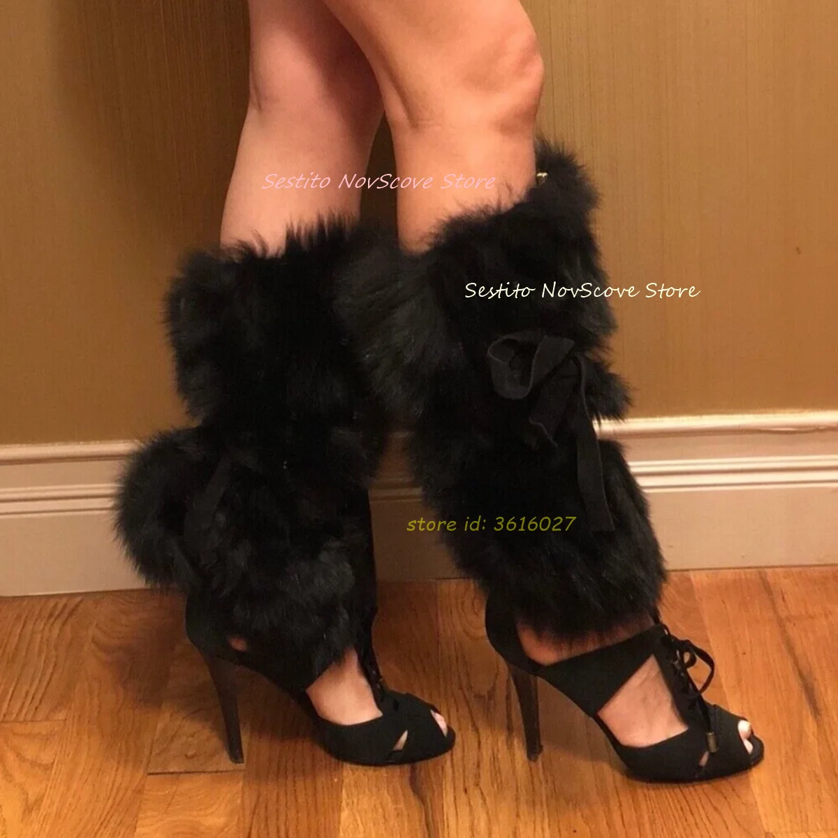 

Черные пушистые сапоги до колена с открытым носком, на шнуровке и вырезами, винтажные осенние пикантные женские сандалии на высоком каблуке-шпильке