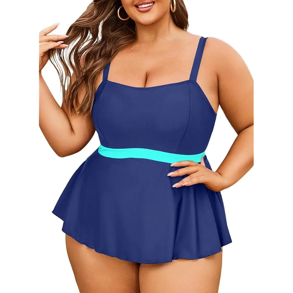 Plus Size Tankini Swimsuits for Women Colorblock Two Piece Tankini Top with Bikini Bottoms Swimwear(1X-5X)
