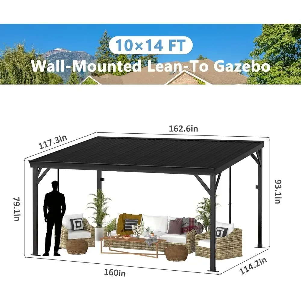 10'x 14' Wall-Mounted Gazebo, Outdoor Pergola Gazebo with Gutter, Lean to Gazebo with Adjustable Support Posts, Heavy Duty Awnin