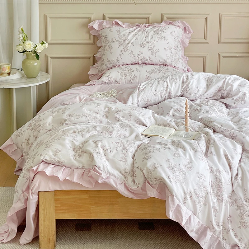 French retro floral bed four-piece princess wind ruffle edge quilt cover bed sheet three-piece set