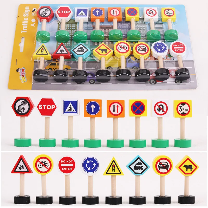 Wooden Traffic Signs,Building Blocks,Children's Educational Safety Awareness Enlightenment,Rail Street View Toy Accessories