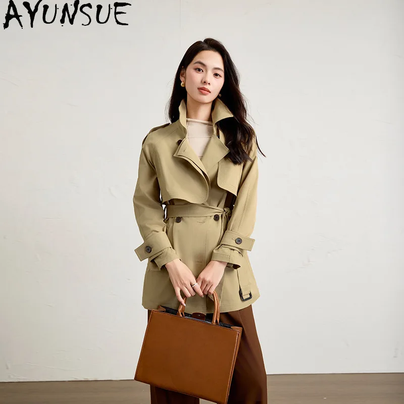 

AYUNSUE Trench Coat Woman British Style Long Sleeve Tops Solid Stylish Outerwears Double-breasted Jacket Woman Clothes Ropa