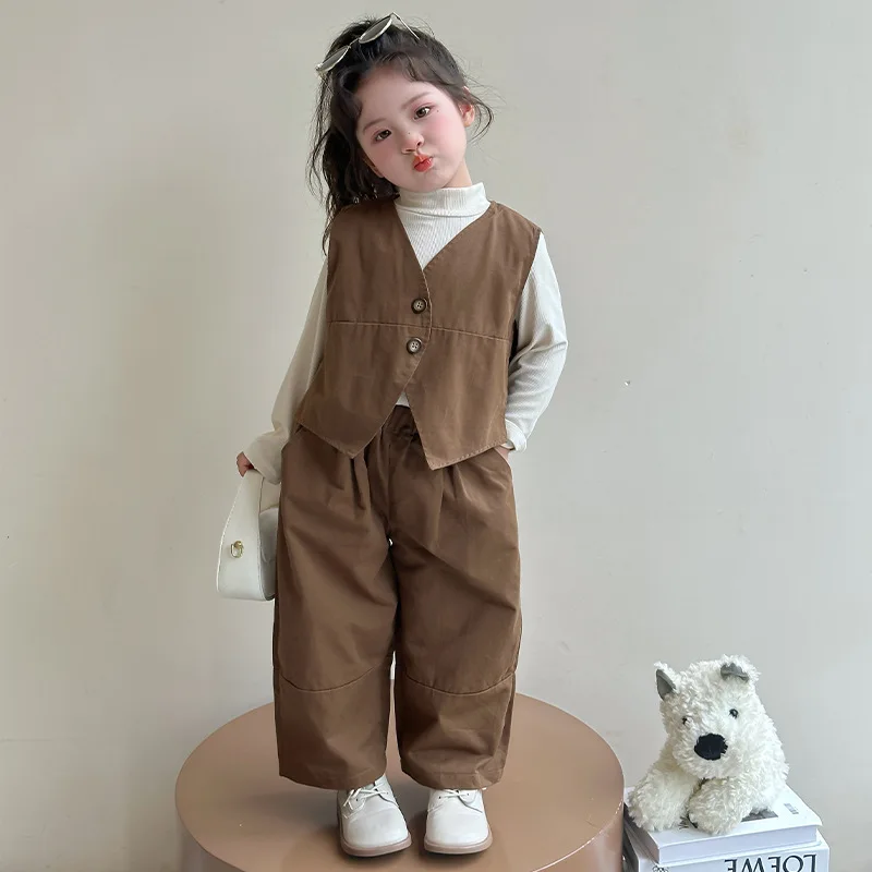 

Children's Clothing 2025 Spring/Autumn New Solid Color Bottom Shirt, Vest, and Casual Pants 3-Piece Set