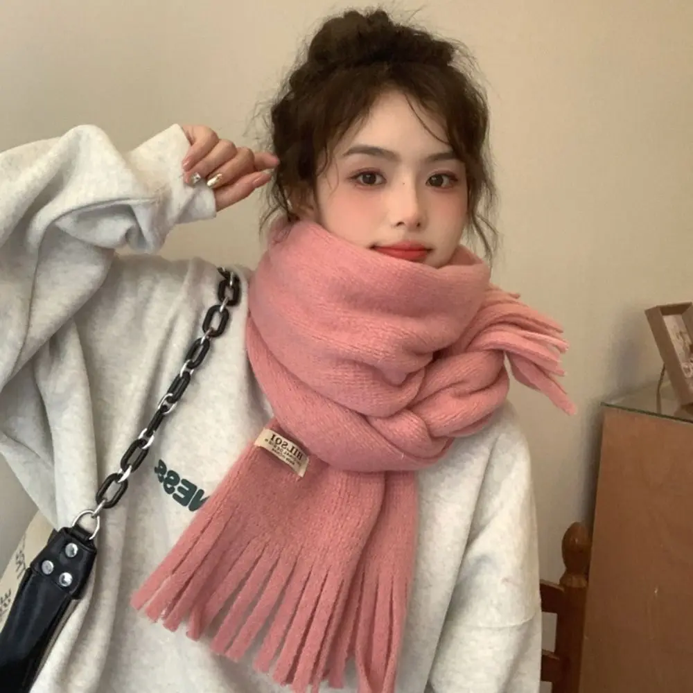 Women Fashion Winter Cashmere Scarf Solid Color Warm Soft Long Tassel Scarves Thickened Knitted Shawl Wrap