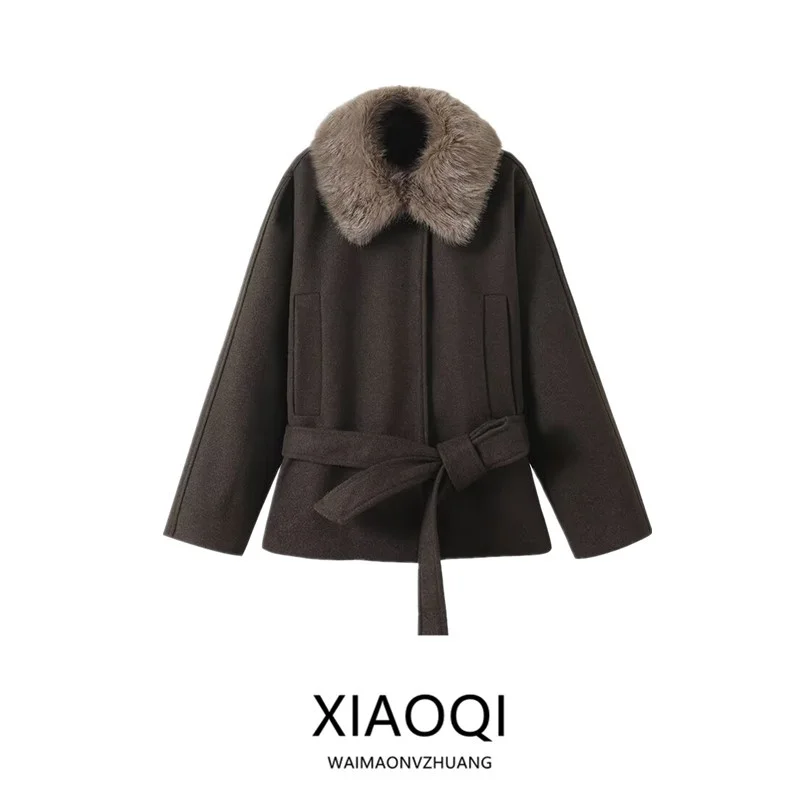 Inverno 2025 feminino fibra mista pele artificial efeito gola casaco jaet outro material 00% novo sle outerwear