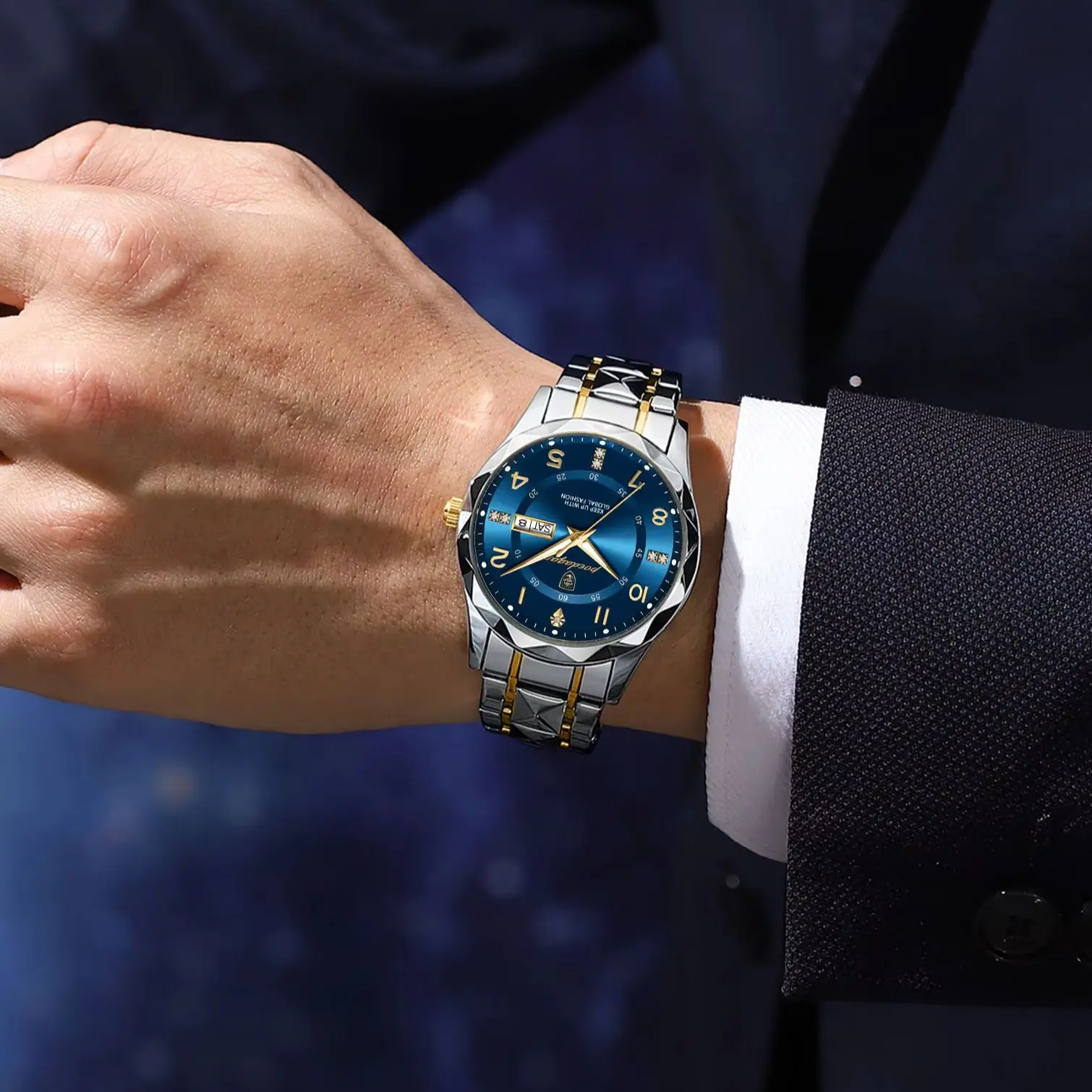 POEDAGAR ساعة يد رجال الأعمال الفاخرة الفولاذ المقاوم للصدأ تاريخ الأسبوع رجل ساعة مقاوم للماء مضيئة موضة ساعات كوارتز للرجال