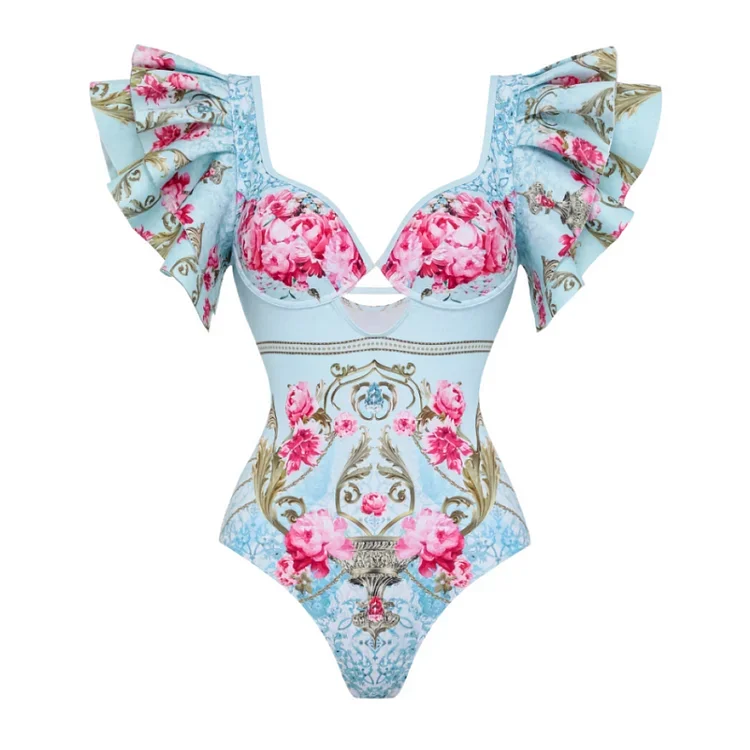 2024 Women Vacation Beachwear Luxury Bathing Suit Ruffled Blue Blooming Flowers Print One Piece Swimsuit and Skirt