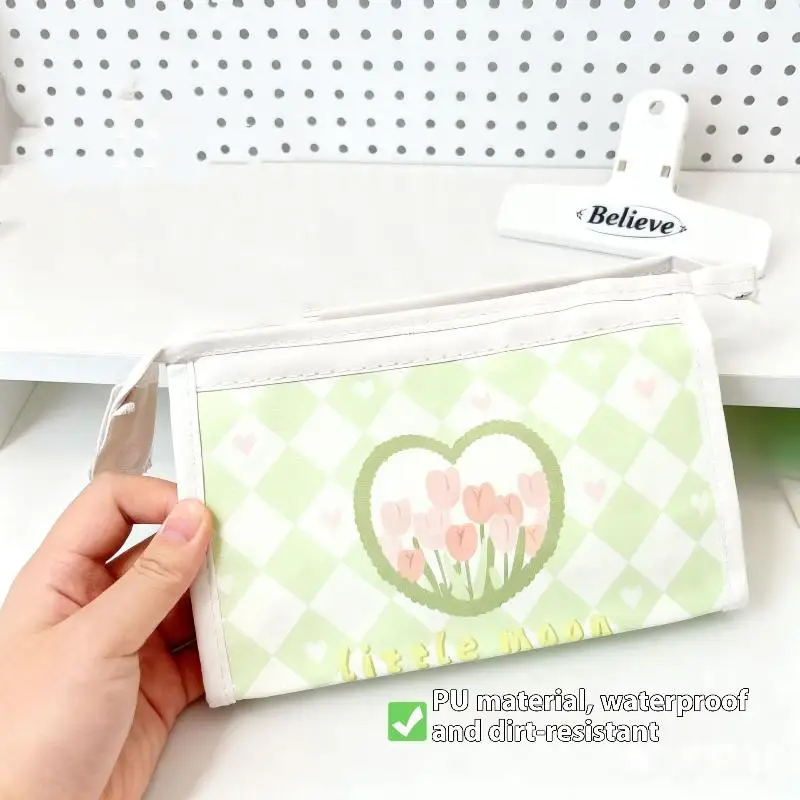 Cute Sweet Tulip Flower PU Pencil Case Large Capacity Stationery Bag Simple Multifunctional Waterproof Portable Storage Bag
