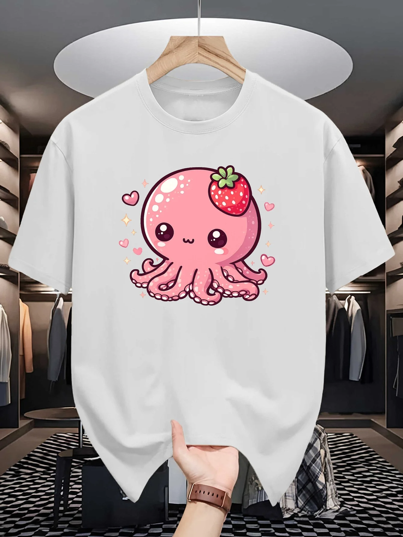Kawaii Pink Octopus Mens Crew Neck T Shirt Cute Sea Animal Strawberry Love Hearts Cartoon Graphic Short Sleeve Casual Street Top