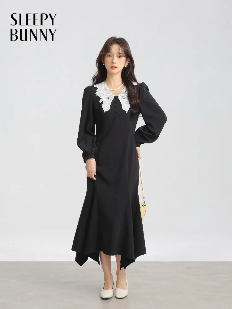 

Embroidered Lace Collar Dress Women Black High Waist Mermaid Midi Dress Spring Fashion Flattering Look Elegant Hepburn Style