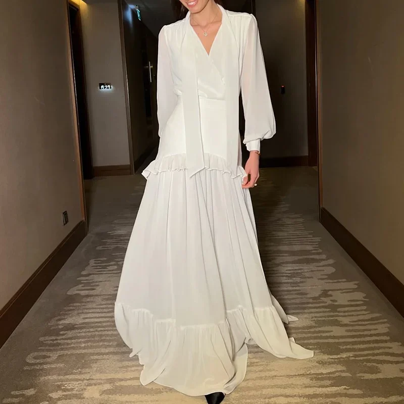 

Casual Street Solid Color Chiffon Set New Autumn Elegant Temperament Outfit Lady Sexy V Neck Tie Up Top and Long Skirt Two Piece