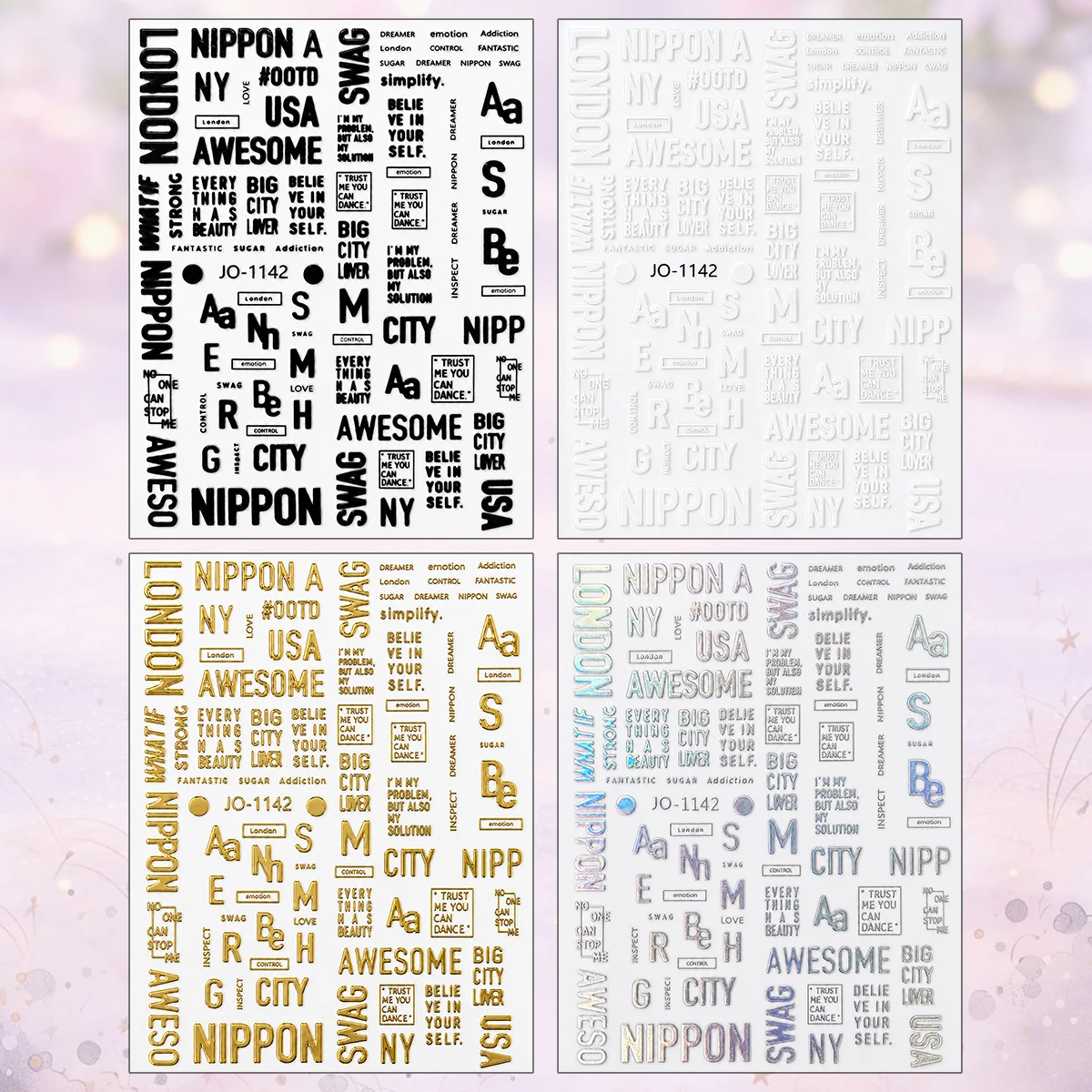 2/4/8/12 Sheets 3D English Word Letter Nail Decals Black White Gold Holographic Self Adhesive Slogan Nail Art Stickers