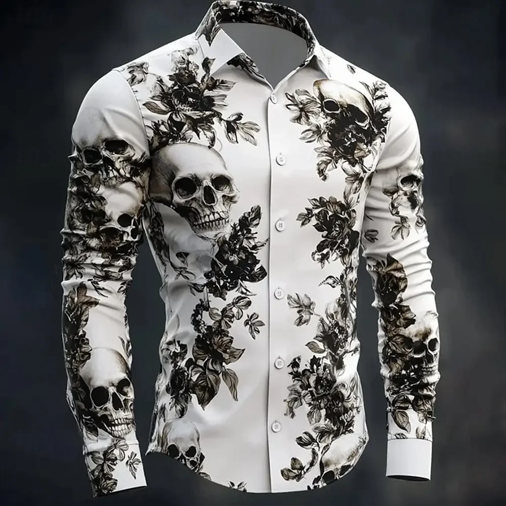 Hip hop skull print shirt men's street wear new long sleeved top city fashion pattern print T-shirt casual loose Gothic top
