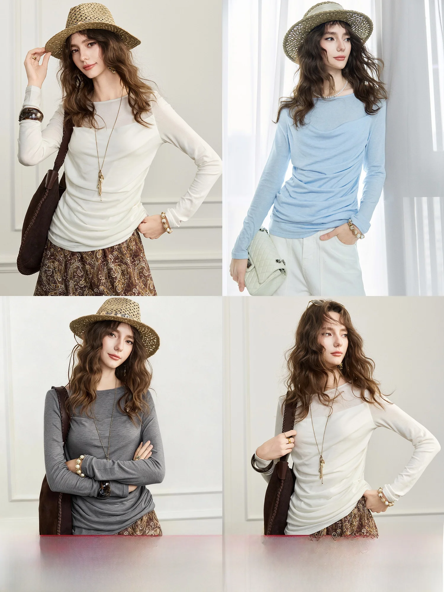 

Slim Fit Long Sleeve T-Shirt Women's Design Sensation Fake Two-Piece Lenzing Wool Neck T-Shirt Commute Style Color