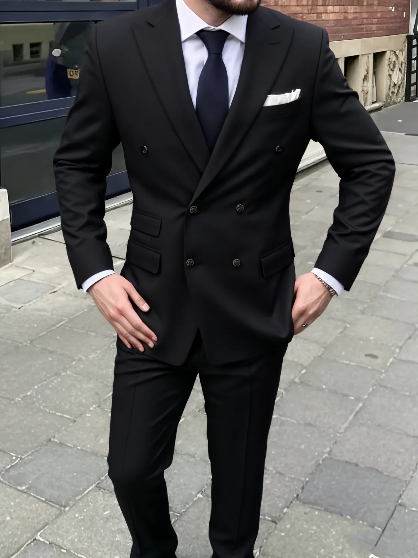 

【Classic】Men's Double Breasted 2 Pcs Peaked Lapel Tailored Fit Suit Set Jacket Trousers for Engagement Banquet