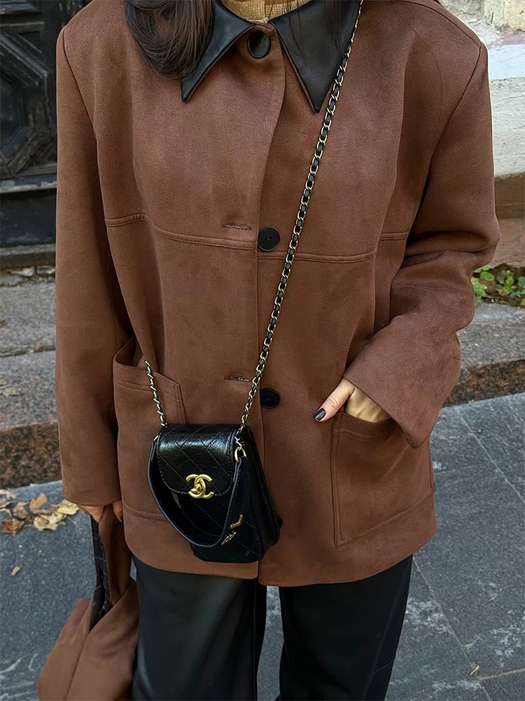 

2025 Autumn Vintage Suede Jacket Femme Lapel Patchwork Pocket Cardigan Coats Winter Street Retro Loose Commuting Coat