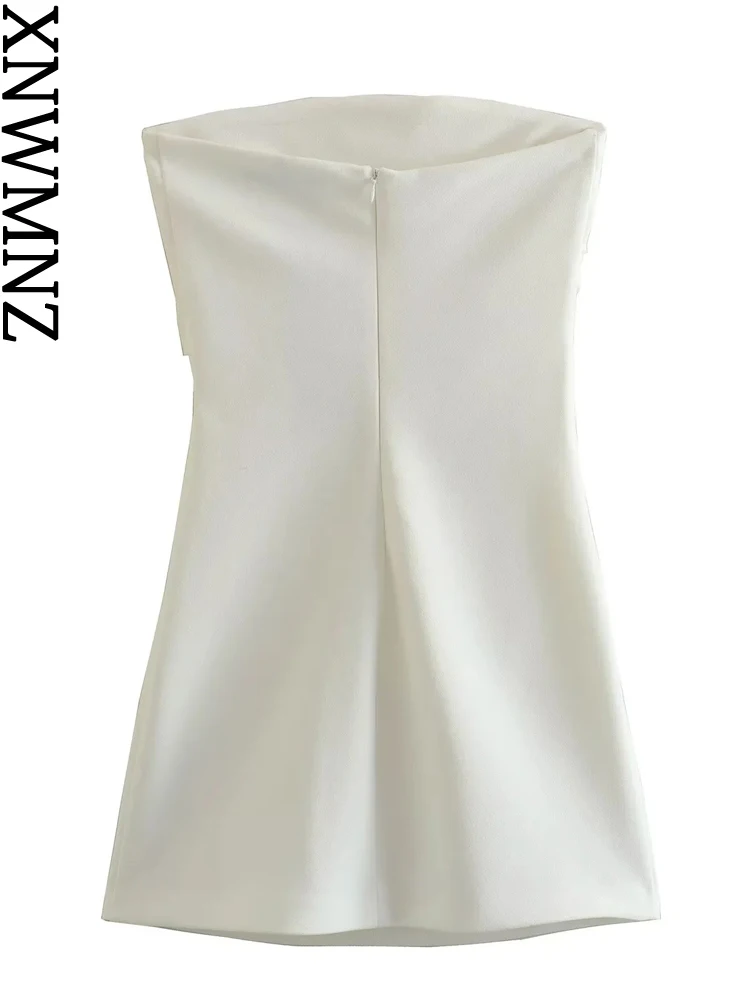 XNWMNZ 2023 Women Fashion Strapless Short Dress Party Style Straight Neckline Exposed Shoulders Draped Female Dresses