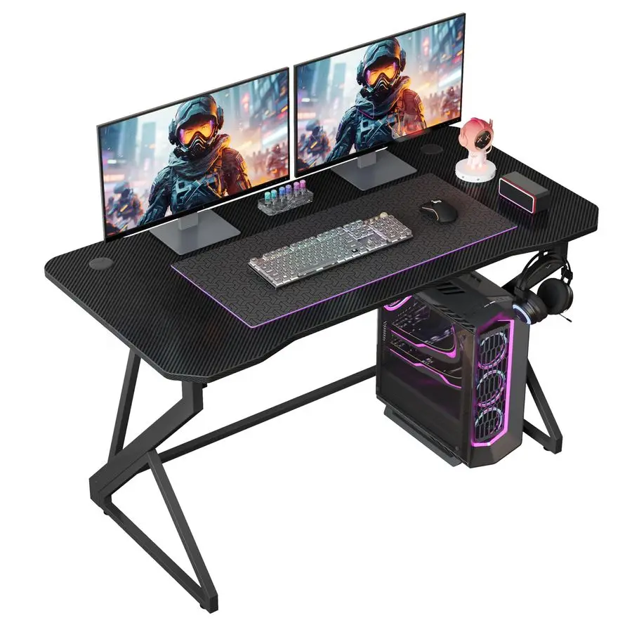 

Gaming Desk Z Shaped 47 Inch Gamer Workstation, Home Computer Carbon Fiber Surface Gaming Desk PC Table with Headphone Hook, Ca