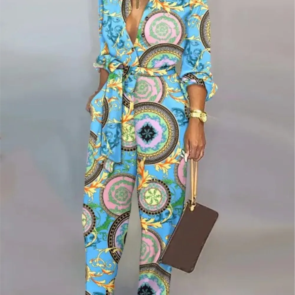 Spring Autumnnew Printed Long Sleeved For Women\'s Jumpsuit Fashion Slim High Waist Lace Up Elegant Female Office Jumpsuit Pant