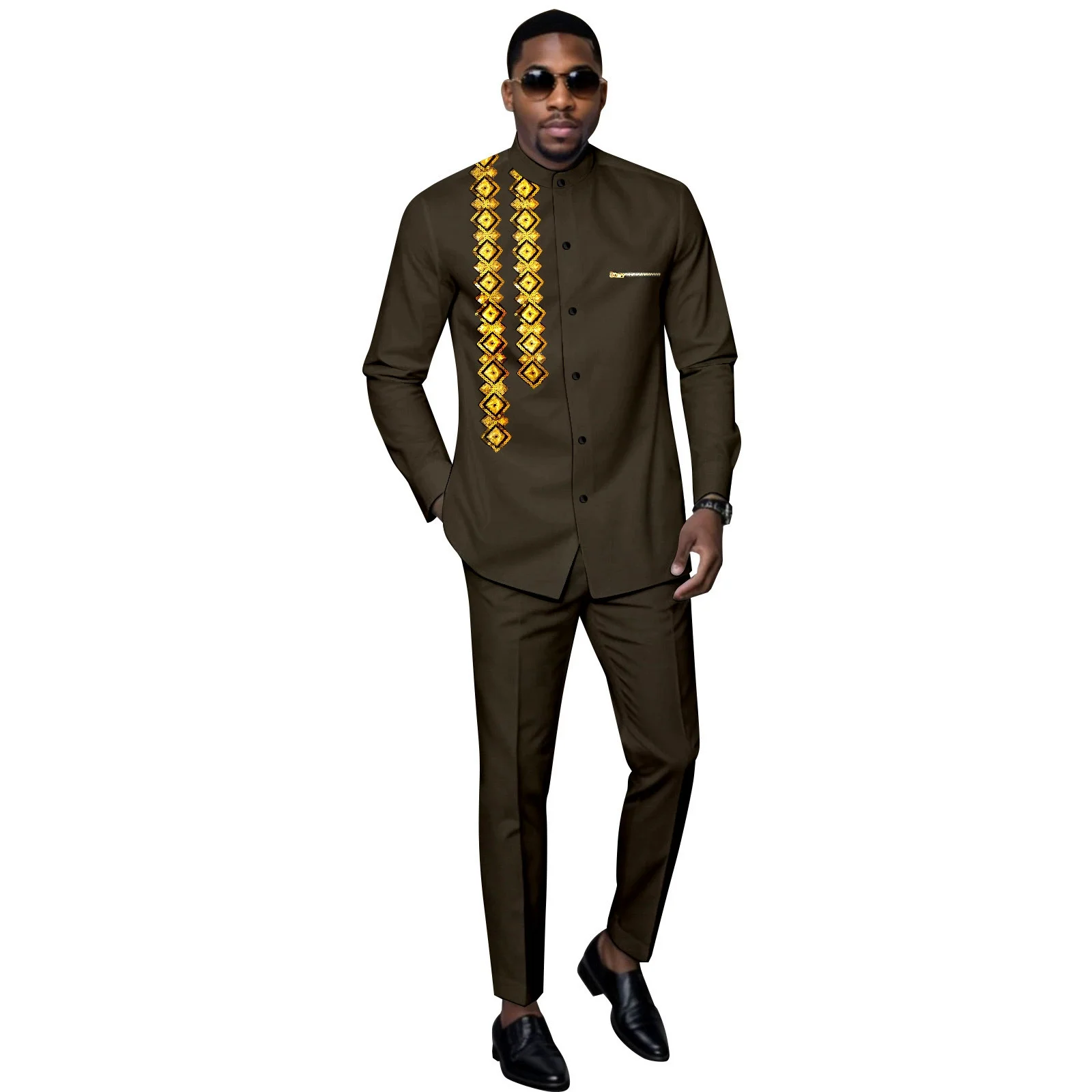 Sale Fashion New Men's Traditional African Clothing with Gold Embroidery and Printed Design - Shirt and Pants Set