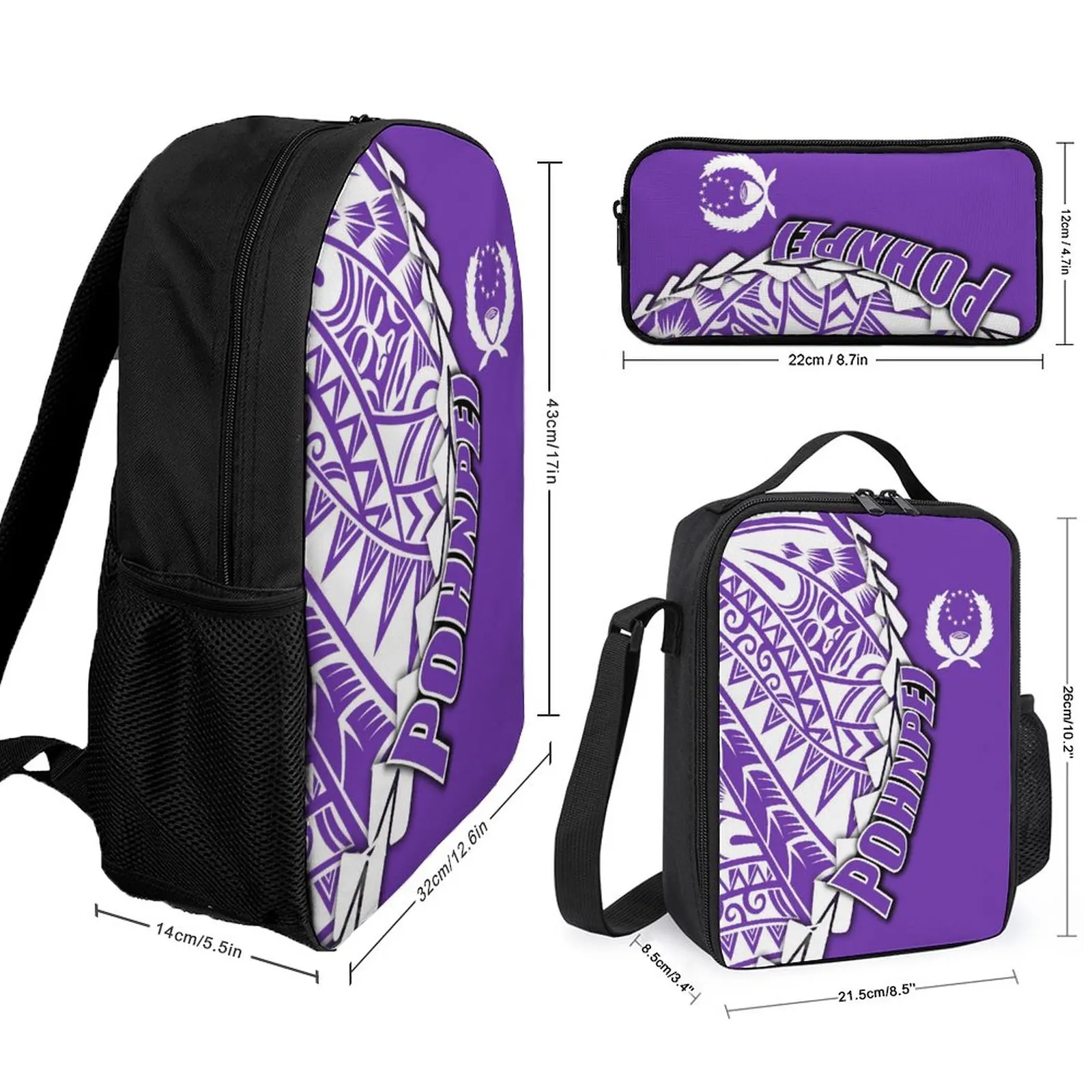 Polynesian Retro Tribal Ethnic Style Custom schoolbag 3Piece set Backpack Lunch Bag Pencil Box School Camping Large Capacity Bag