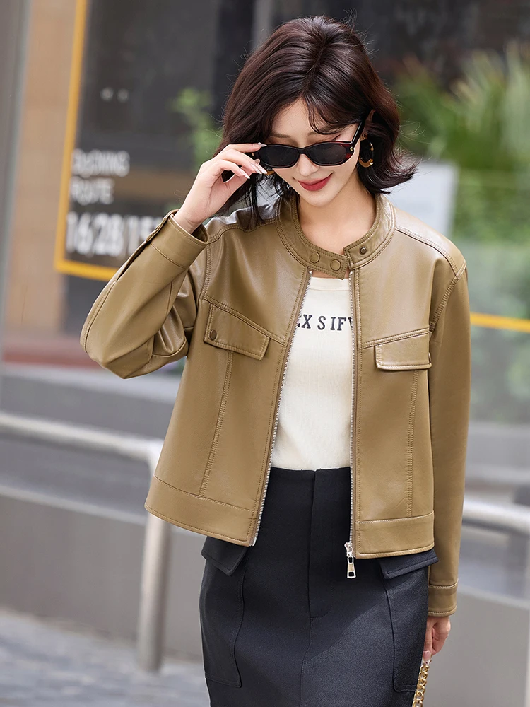 

Faionable Real Leather Jaet Women's ort Loose eepskin Spring Autumn New Sle Versatile Haifeng Leather Coat