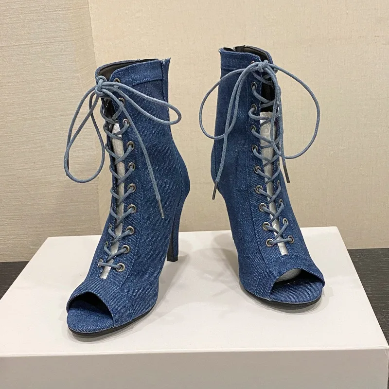 جديد كلاسيكي الأزرق الدنيم النسيج عبر حزام اللمحة تو النساء حذاء من الجلد الصيف مثير أنيقة عالية الكعب فستان الحفلات مضخات الصنادل #1