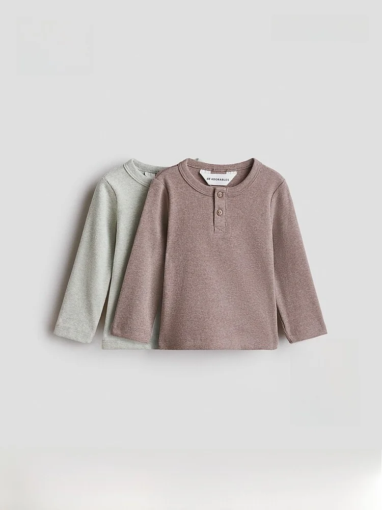 h-m-summer-new-cotton-henry-shirt-2-piece-set-for-baby-boys-round-neck-long-sleeve-t-shirt-pure-color-elastic-fiber-material