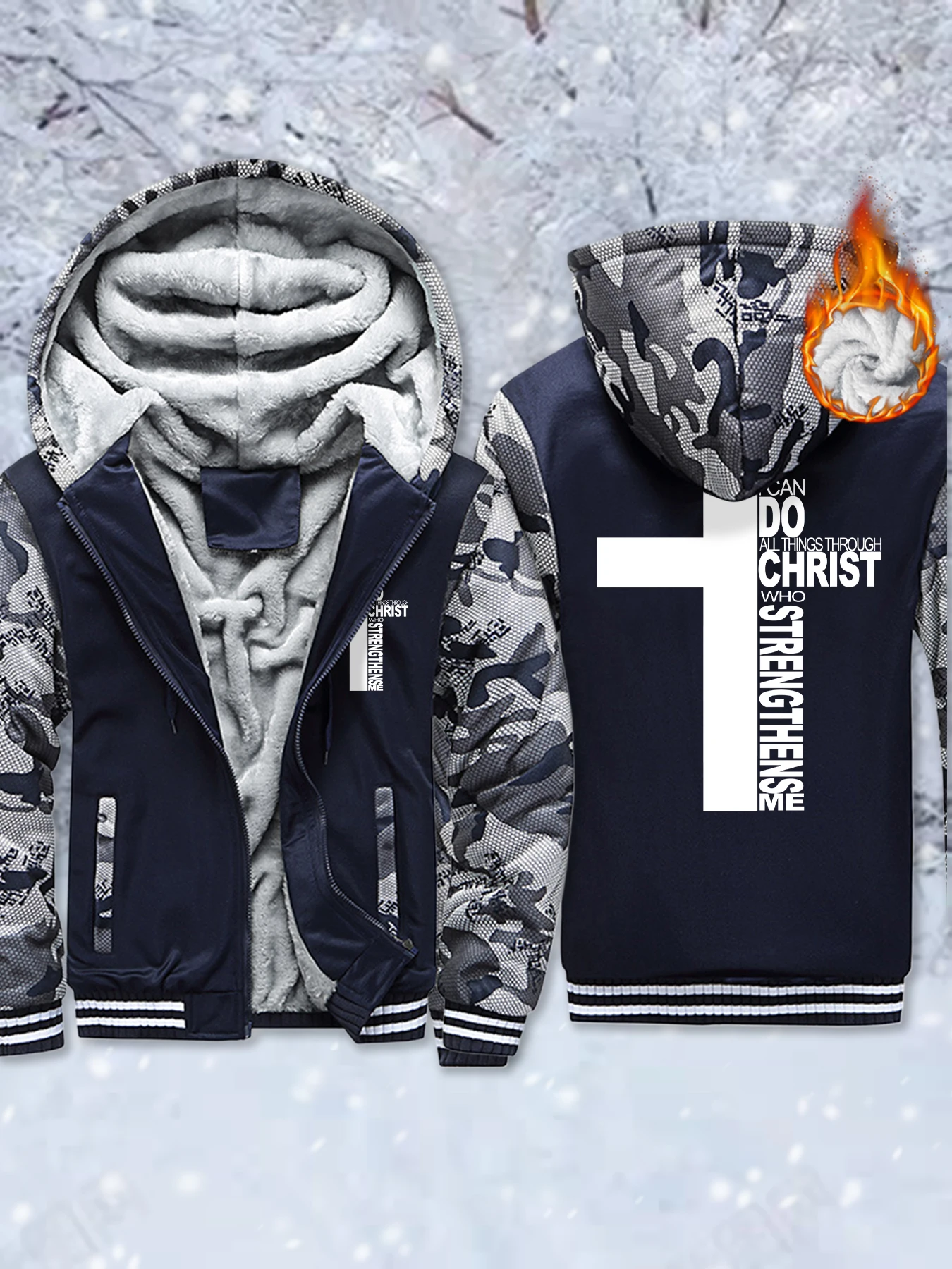 

Christ Has Made Me Invincible Print Men'S Fleece Basics Jackets Fashion Winter Coat Warm Thicken Hoodie Comfy Zipper Sportswear
