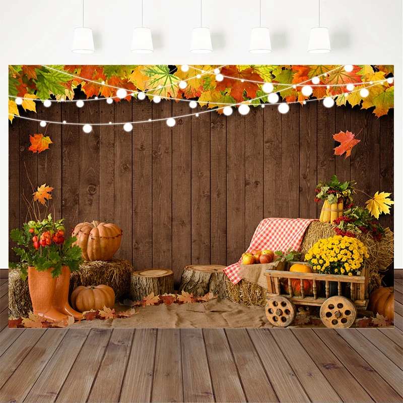 Mocsicka Autumn Party Celebrate Vintage Wooden Wall Tree Stump Pumpkin Fallen Leaves Lanterns Poster Backdrops Studio Photobooth