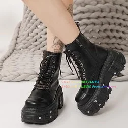 2023Genuine Leather Women's Motorcycle Boots Black Metal Retro Gothic Boots Cool Punk Mid-Calf Boots Comfy Platform Cowboy Boots