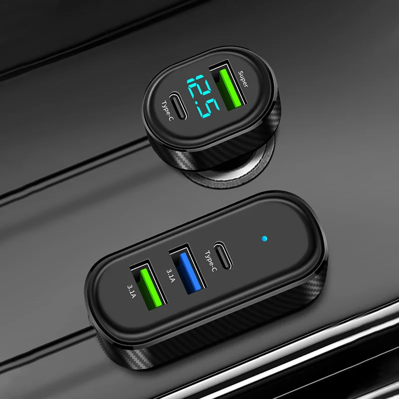 Cargador de coche de extensión frontal y trasera USB tipo C de 5 puertos de 100W con Cable de extensión de 1,5 M adaptador de corriente de carga rápida para teléfono